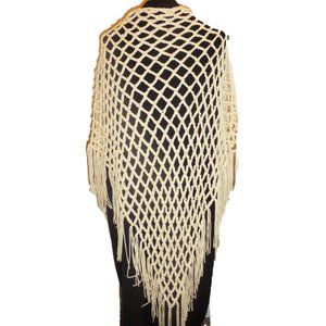 Shawl Crochet Handmade Ivory Fringed Fishnet Large